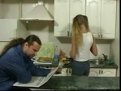 Daughter seduces old man in the Kitchen