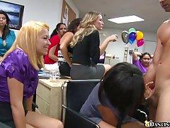At an office party girls sucking strippers dick.