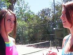 On the tennis court two babes have pleased coach blowjob.