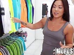 Asian teen got fucked in the changing room, after she sucked her partner's huge dick
