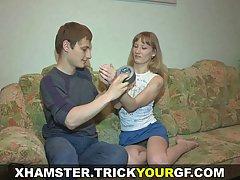 Petite blonde let her boyfriend tie up her hands with a duct tape and watch her getting fucked