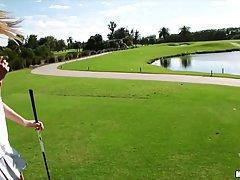 Small titted blonde likes to play golf with her rich lover, as well as to fuck him